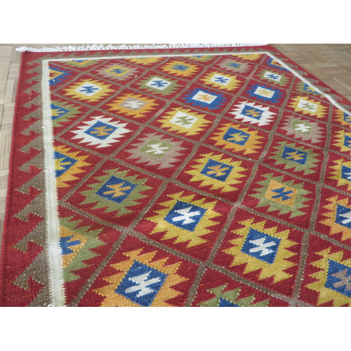 Isabelline Mahoganee Handmade Flatweave Wool Blue/Yellow/Red Rug Wayfair